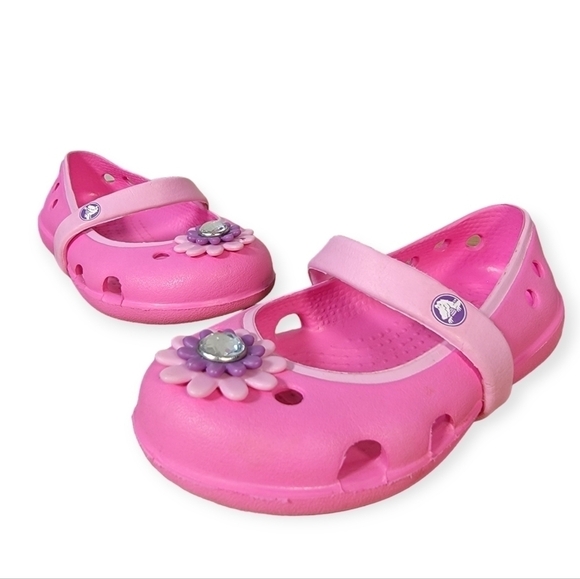 CROCS Pink Mary Jane Flats Rhinestone Flower Size C 6 - Picture 1 of 17